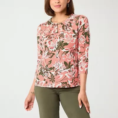 Liz Claiborne Womens Petite Keyhole Neck 3/4 Sleeve Blouse