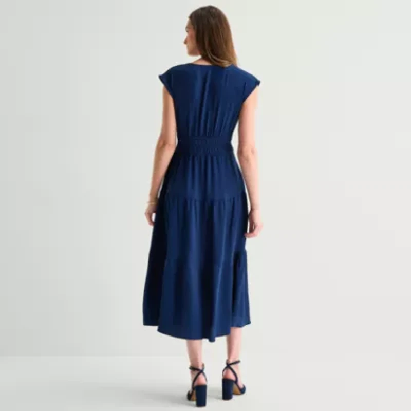 Be by CHETTA B Womens Midi V Neck Short Sleeve Fit + Flare Dress