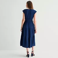 Be by CHETTA B Womens Midi V Neck Short Sleeve Fit + Flare Dress