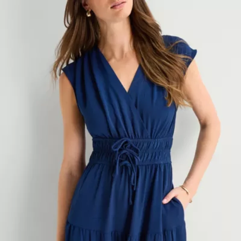 Be by CHETTA B Womens Midi V Neck Short Sleeve Fit + Flare Dress