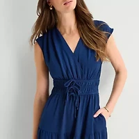 Be by CHETTA B Womens Midi V Neck Short Sleeve Fit + Flare Dress