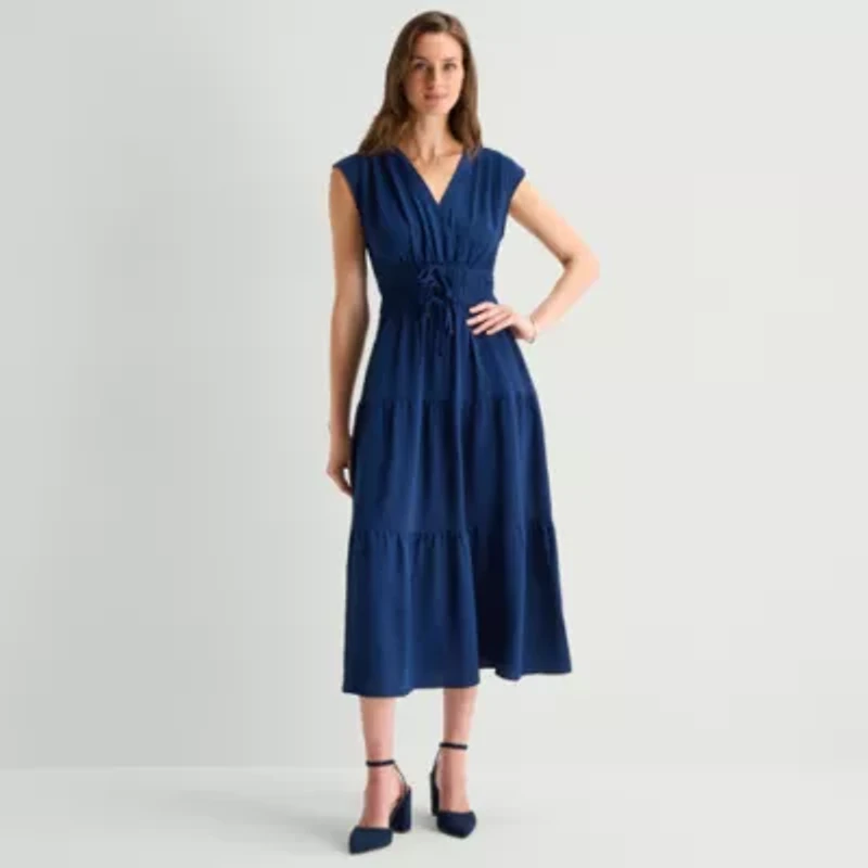 Be by CHETTA B Womens Midi V Neck Short Sleeve Fit + Flare Dress