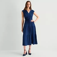 Be by CHETTA B Womens Midi V Neck Short Sleeve Fit + Flare Dress