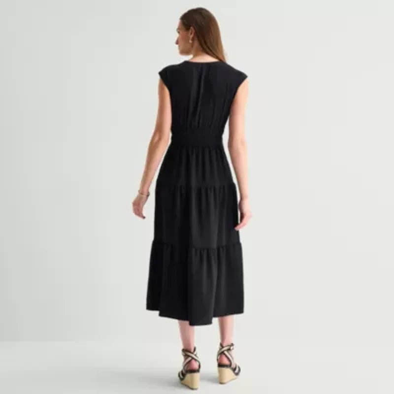 Be by CHETTA B Womens Midi V Neck Short Sleeve Fit + Flare Dress