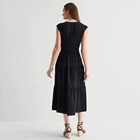 Be by CHETTA B Womens Midi V Neck Short Sleeve Fit + Flare Dress