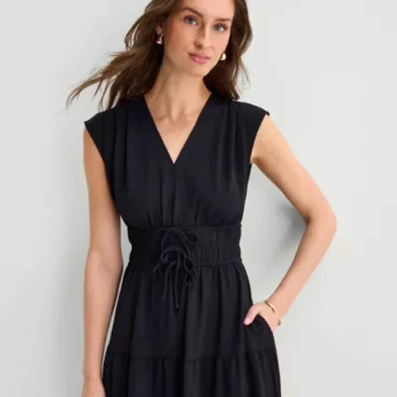 Be by CHETTA B Womens Midi V Neck Short Sleeve Fit + Flare Dress