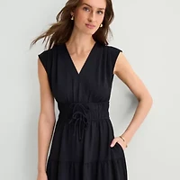 Be by CHETTA B Womens Midi V Neck Short Sleeve Fit + Flare Dress