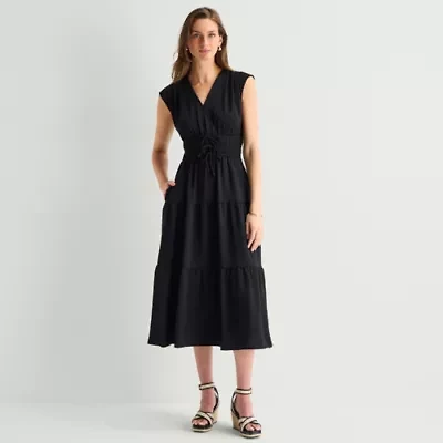 Be by CHETTA B Womens Midi V Neck Short Sleeve Fit + Flare Dress
