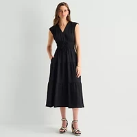 Be by CHETTA B Womens Midi V Neck Short Sleeve Fit + Flare Dress