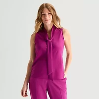 Black Label by Evan-Picone Womens Split Tie Neck Sleeveless Blouse