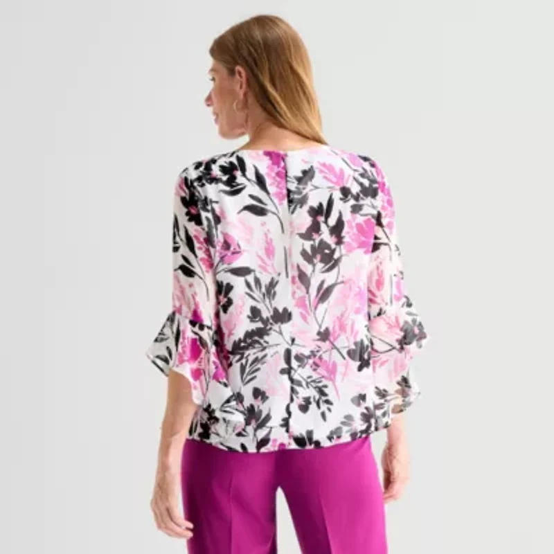Black Label by Evan-Picone Womens Round Neck 3/4 Sleeve Blouse