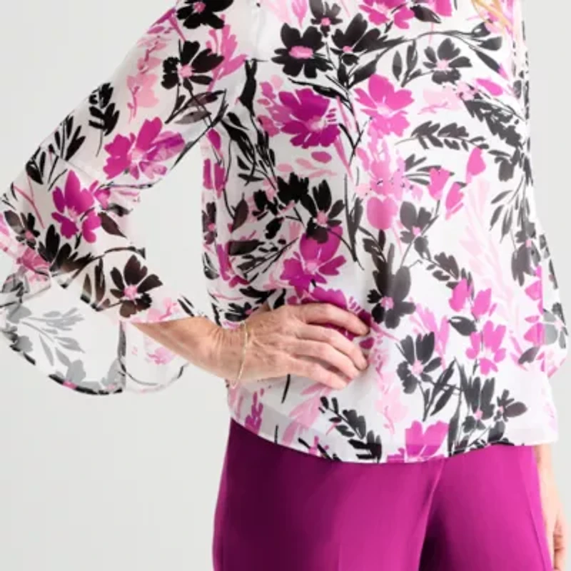 Black Label by Evan-Picone Womens Round Neck 3/4 Sleeve Blouse