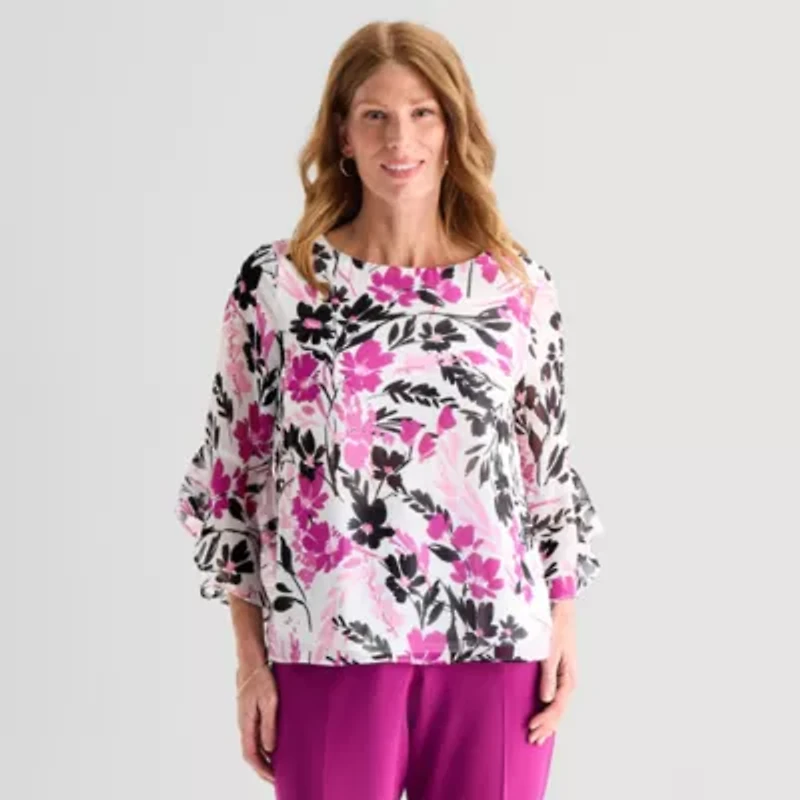 Black Label by Evan-Picone Womens Round Neck 3/4 Sleeve Blouse