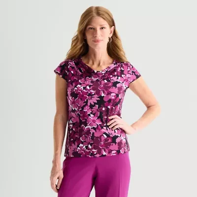 Black Label by Evan-Picone Womens Cowl Neck Short Sleeve Blouse