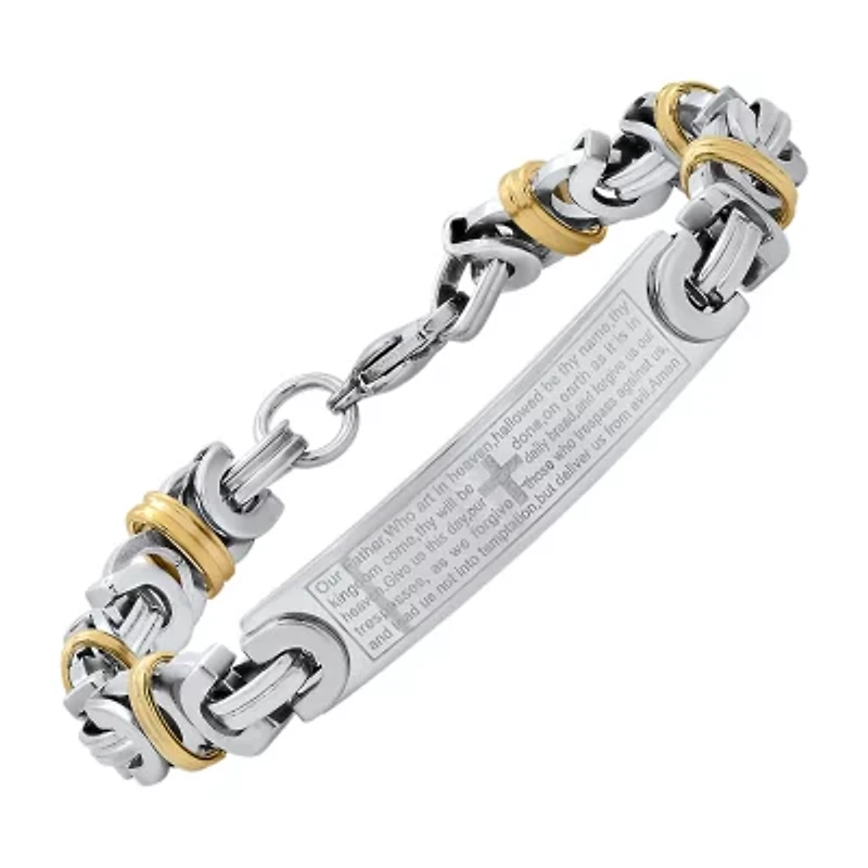Steeltime Lord'S Prayer Mens 18K Gold Over Stainless Steel 8 Inch Solid Byzantine Hypoallergenic Id Bracelet