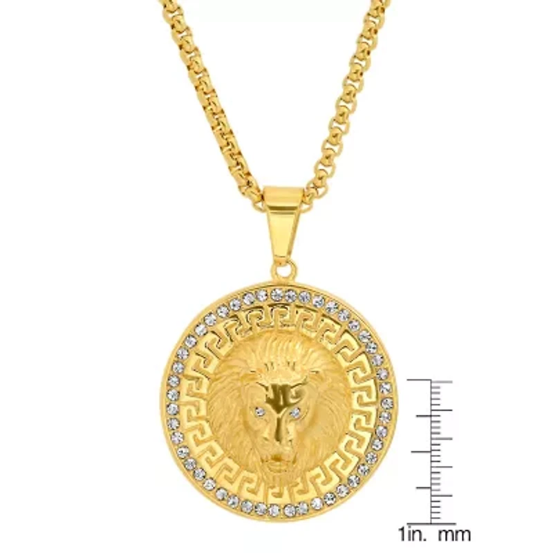 Steeltime Lion Mens Cubic Zirconia 18K Gold Over Stainless Steel Round Hypoallergenic Inch Pendant Necklace