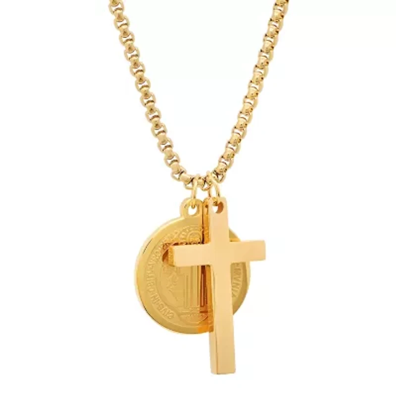 Steeltime Mens 18K Gold Over Stainless Steel Cross Hypoallergenic 24 Inch Pendant Necklace