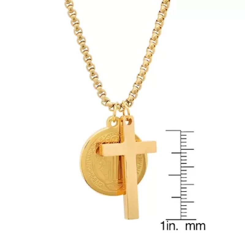 Steeltime Mens 18K Gold Over Stainless Steel Cross Hypoallergenic 24 Inch Pendant Necklace