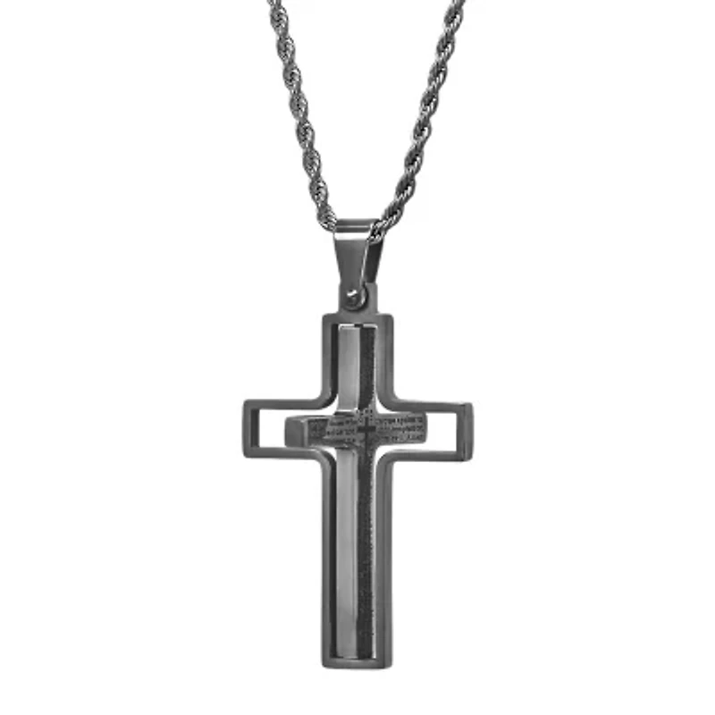 Steeltime Lord'S Prayer Mens Stainless Steel Cross Hypoallergenic 24 Inch Pendant Necklace