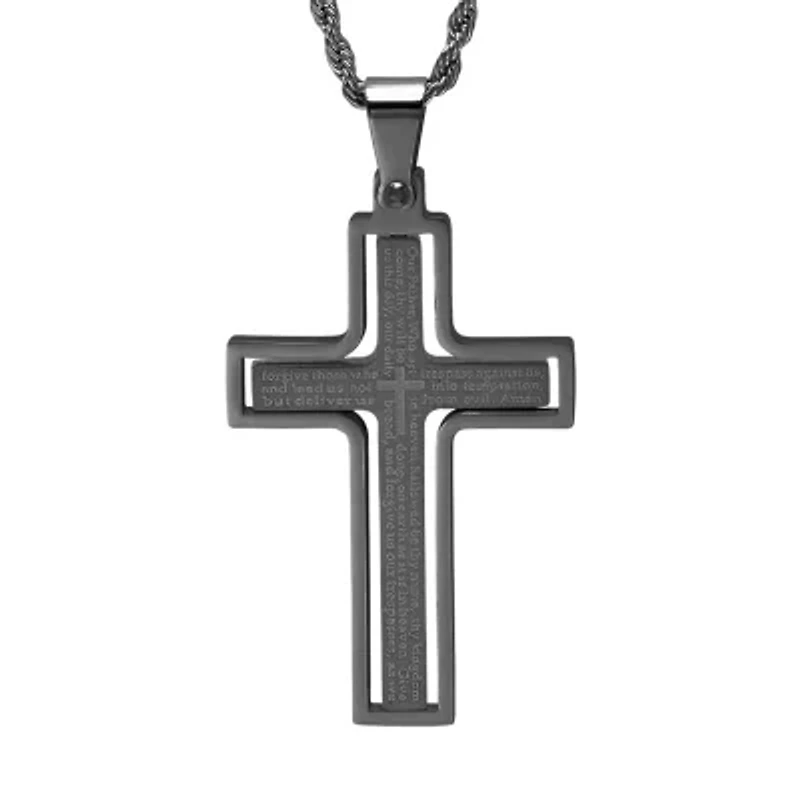 Steeltime Lord'S Prayer Mens Stainless Steel Cross Hypoallergenic 24 Inch Pendant Necklace