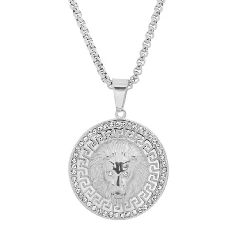 Steeltime Lion Mens Cubic Zirconia Stainless Steel Round Hypoallergenic 24 Inch Pendant Necklace