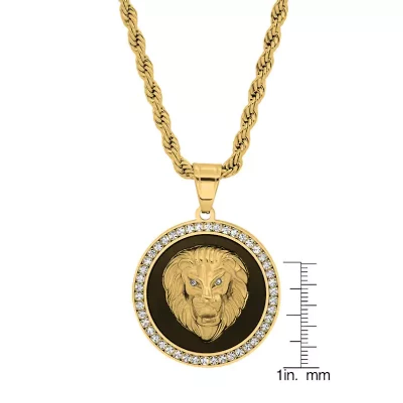Steeltime Lion Mens Cubic Zirconia 18K Gold Over Stainless Steel Round Hypoallergenic Inch Pendant Necklace
