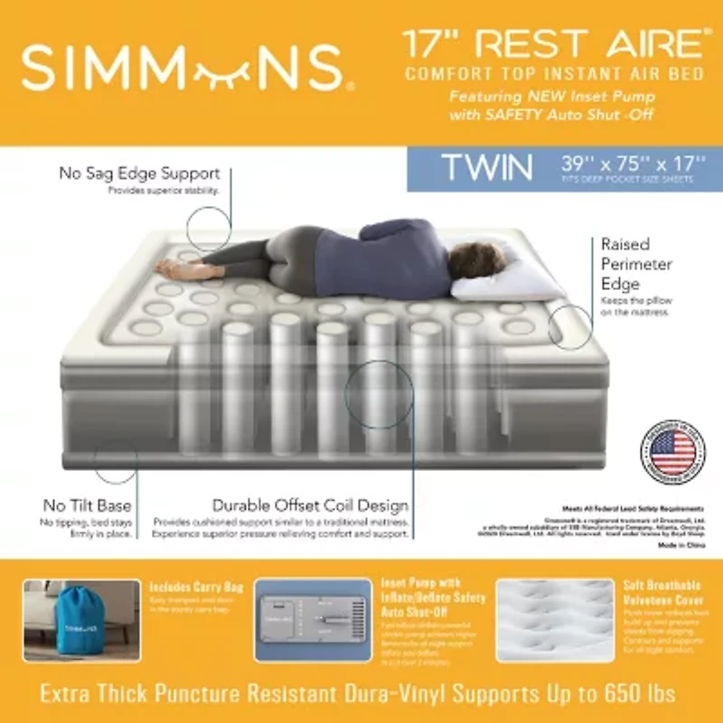 Simmons Rest Aire 17" Comfort Top Inflatable Twin Air Mattress with SureLock® Built in, Auto Shut off Pump