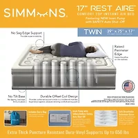Simmons Rest Aire 17" Comfort Top Inflatable Twin Air Mattress with SureLock® Built in, Auto Shut off Pump