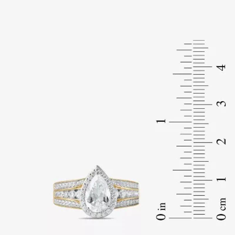 (G / I1) Womens 2 CT. T.W. Lab Grown White Diamond 10K Gold Pear Side Stone Halo Engagement Ring