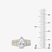 (G / I1) Womens 2 CT. T.W. Lab Grown White Diamond 10K Gold Pear Side Stone Halo Engagement Ring