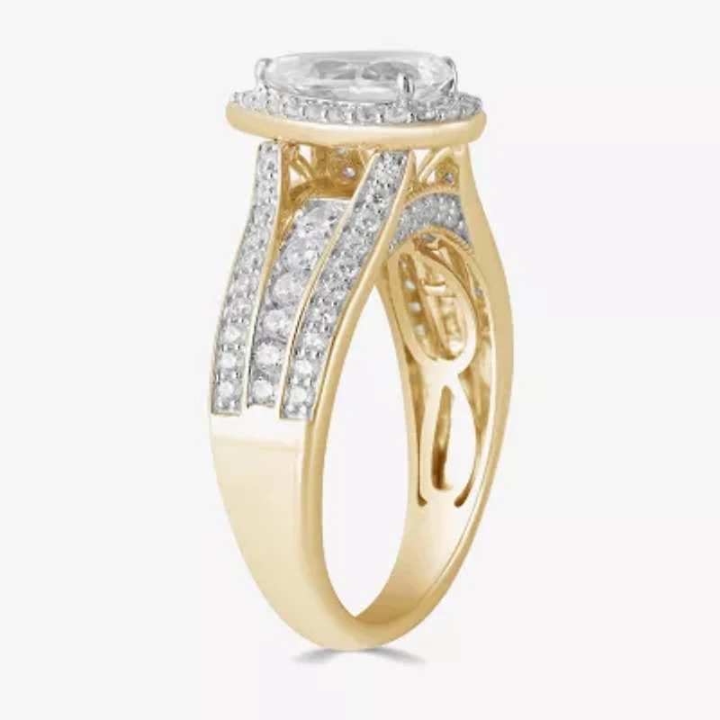 (G / I1) Womens 2 CT. T.W. Lab Grown White Diamond 10K Gold Pear Side Stone Halo Engagement Ring