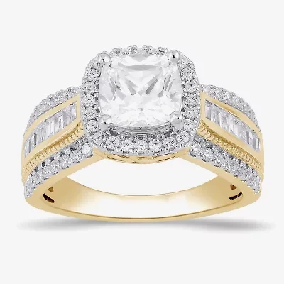 (G / I1) Womens 2 3/4 CT. T.W. Lab Grown White Diamond 10K Gold Cushion Side Stone Halo Engagement Ring