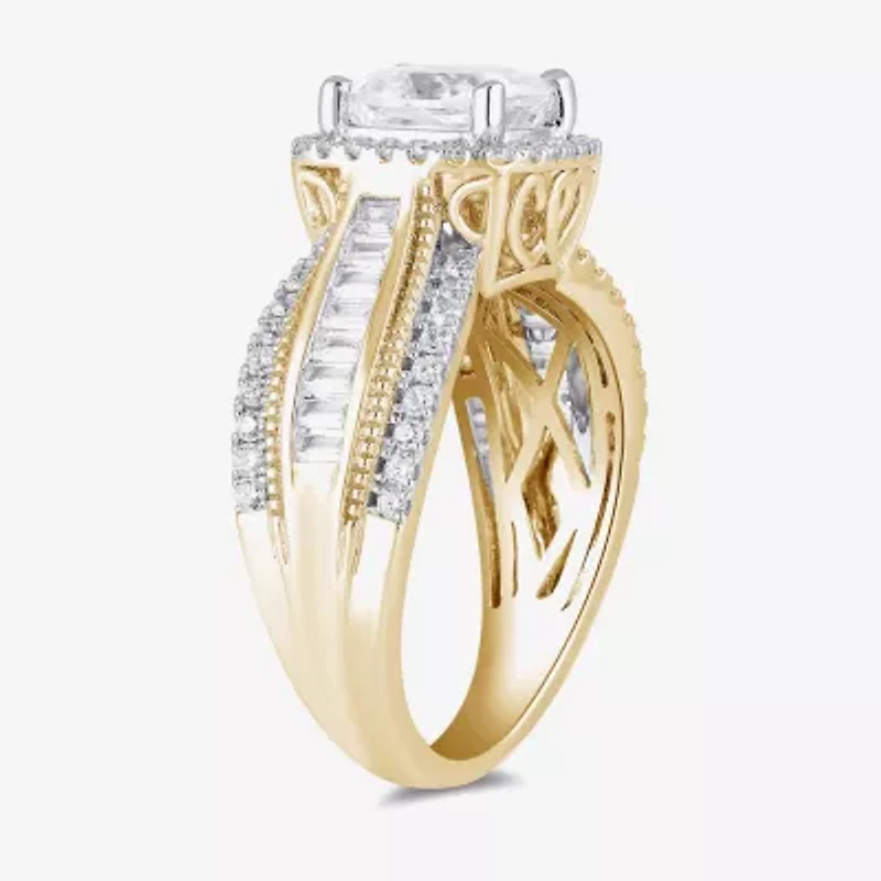 (G / I1) Womens 2 3/4 CT. T.W. Lab Grown White Diamond 10K Gold Cushion Side Stone Halo Engagement Ring