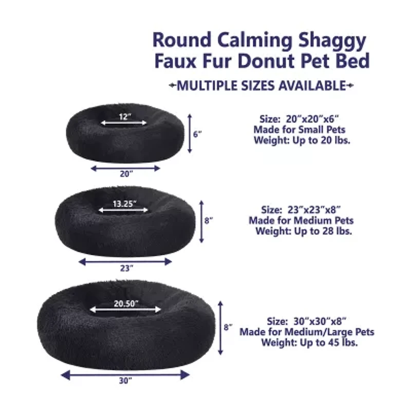 Sweet Home Collection 20in Black Round Calming Faux Fur Donut Pet Bed