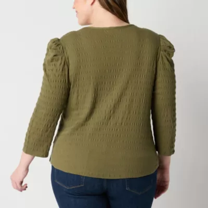 Frye and Co. Womens Split Tie Neck 3/4 Sleeve Plus Blouse