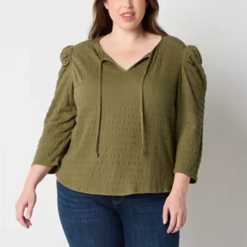 Frye and Co. Womens Split Tie Neck 3/4 Sleeve Plus Blouse