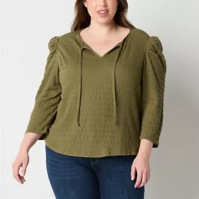 Frye and Co. Womens Split Tie Neck 3/4 Sleeve Plus Blouse