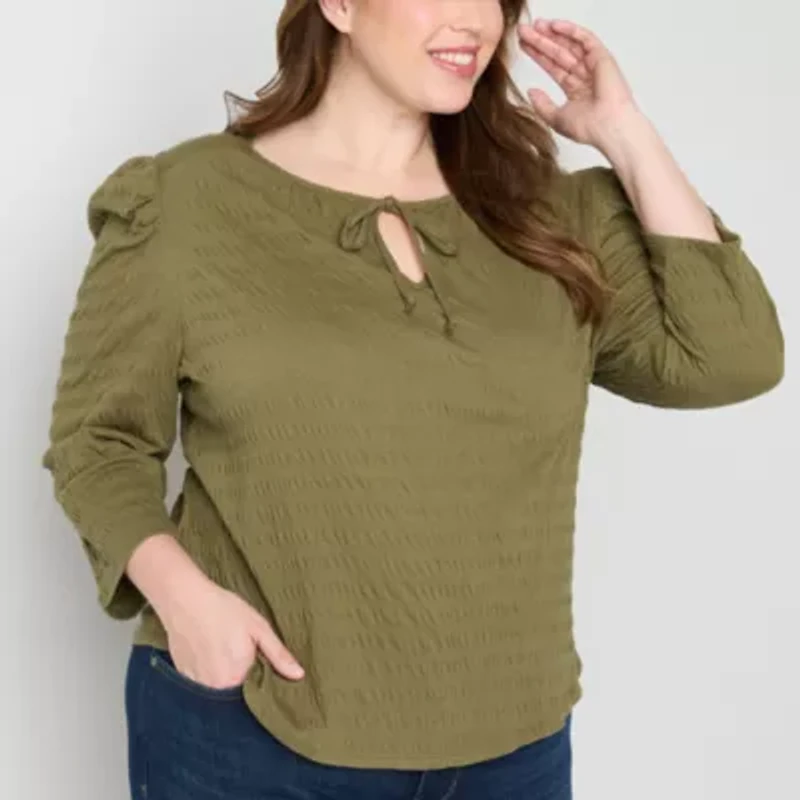 Frye and Co. Womens Split Tie Neck 3/4 Sleeve Plus Blouse