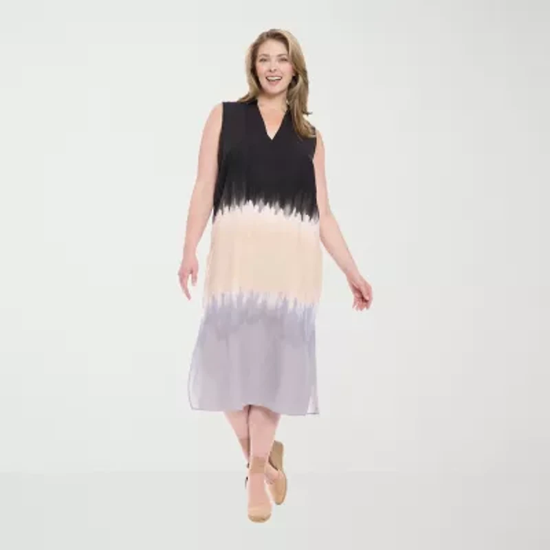 London Times Womens Sleeveless Tie Dye Plus Maxi Dress