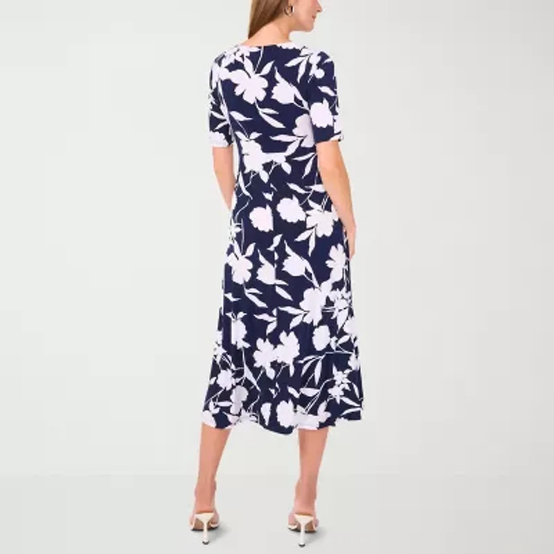 MSK Womens Short Sleeve Floral Midi Fit + Flare Dress