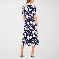 MSK Womens Short Sleeve Floral Midi Fit + Flare Dress