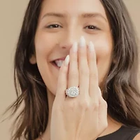 (G/Si2) Womens 4 CT. T.W. Lab Grown White Diamond 10K Gold Cushion Halo Side Stone Cocktail Ring