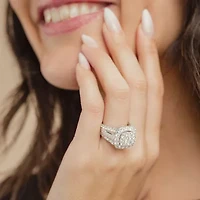 (G/Si2) Womens 4 CT. T.W. Lab Grown White Diamond 10K Gold Cushion Halo Side Stone Cocktail Ring