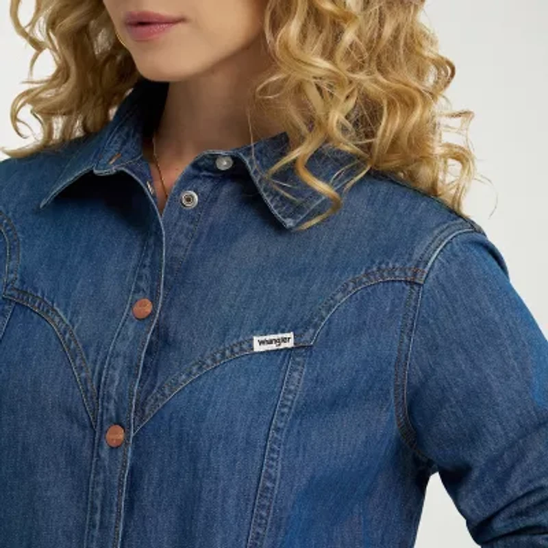 Wrangler Denim Baby Doll Dress Womens Long Sleeve Midi Babydoll