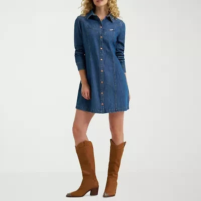 Wrangler Denim Baby Doll Dress Womens Long Sleeve Midi Babydoll