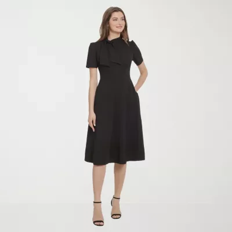 Ivy & Blue Womens Midi Split Tie Neck Short Sleeve Cap Fit + Flare Dress