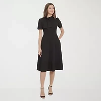 Ivy & Blue Womens Midi Split Tie Neck Short Sleeve Cap Fit + Flare Dress