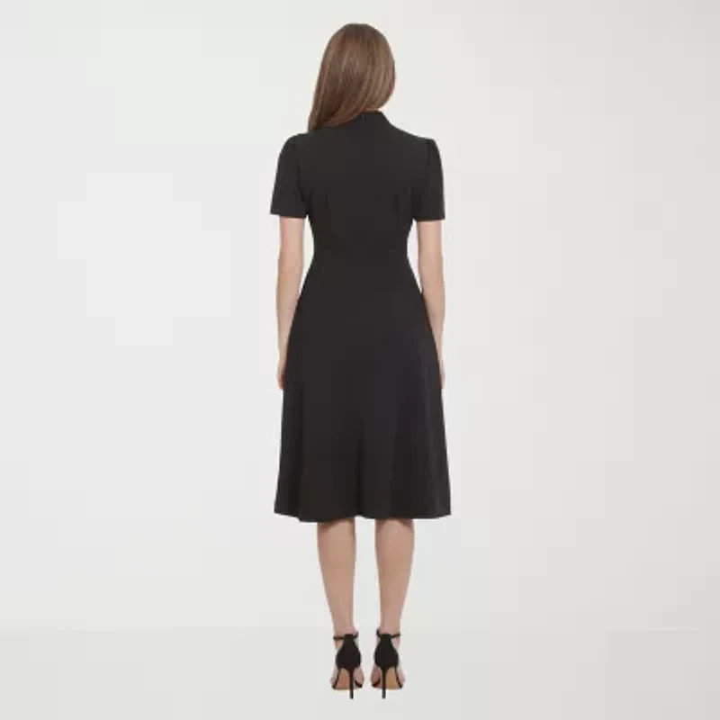 Ivy & Blue Womens Midi Split Tie Neck Short Sleeve Cap Fit + Flare Dress