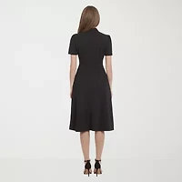 Ivy & Blue Womens Midi Split Tie Neck Short Sleeve Cap Fit + Flare Dress