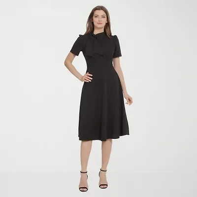Ivy & Blue Womens Midi Split Tie Neck Short Sleeve Cap Fit + Flare Dress